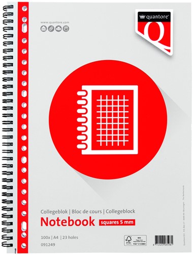 Collegeblok Quantore A4 ruit 5mm 23-gaats 200pg 1 Stuk