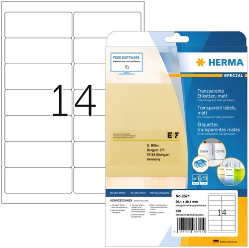 Etiket HERMA 8671 A4 99.1x38.1mm folie transparant mat 350 stuks