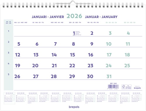 1-Maandskalender 2026 Brepols 43x31.5cm 1 Stuk