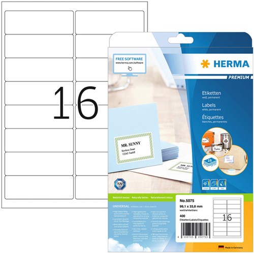 Etiket HERMA 5075 A4 99.1x33.8 mm premium wit 400 stuks