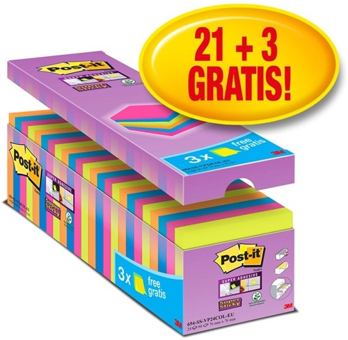 Memoblok Post-it 654 Super Sticky 76x76mm 21+3 ass 24 Stuk