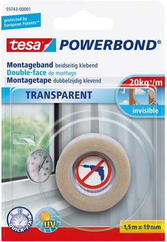 Montagetape tesa dubbelz 1.5mx19mm transparant 1 Rol