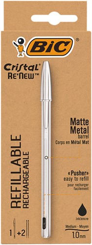 Balpen Bic Cristal Re-new medium zilver + 2 vullingen zwart