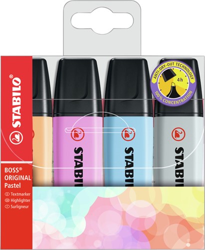 Markeerstift STABILO BOSS Original 70/4 pastel incl grijs ass 4st