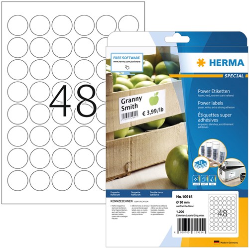 Etiket HERMA Power 10915 rond 30mm wit 1200 stuks