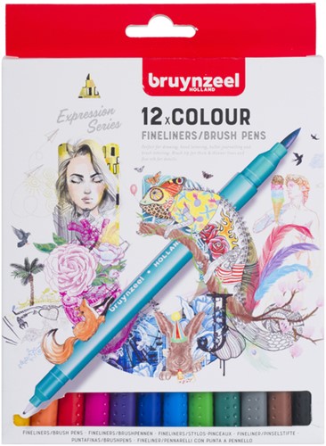 Fineliner Brush pen Bruynzeel set 12 kleuren 6 Stuk