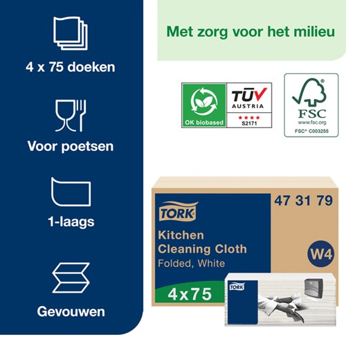 Reinigingsdoek Tork W4 gevouwen 1laags wit 4 pak-2