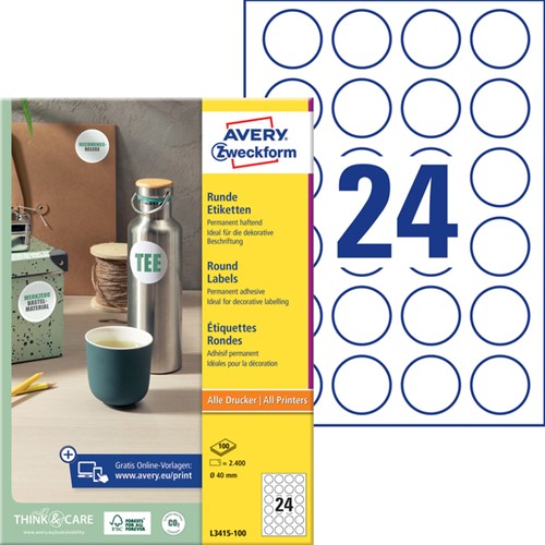 Etiket Avery Zweckform L3415 rond 40mm wit 100 Vel-2