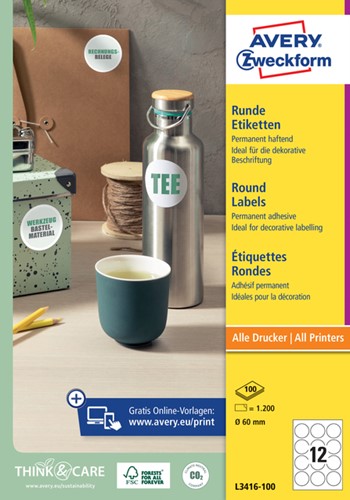 Etiket Avery L3416 rond 60mm wit 1200st 100 Vel