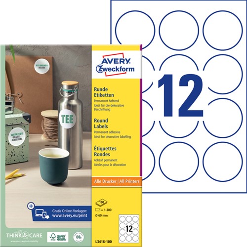 Etiket Avery Zweckform L3416 rond 60mm wit 1200st 100 Vel-2