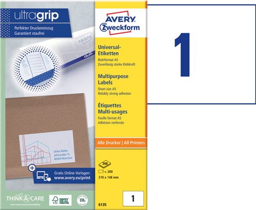 Etiket Avery 6135 210x145mm wit 200st 200 Vel-2