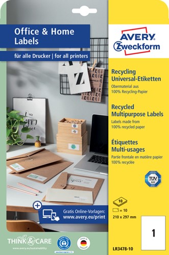Etiket Avery LR3478-10 210x297mm recycled wit 10 stuks