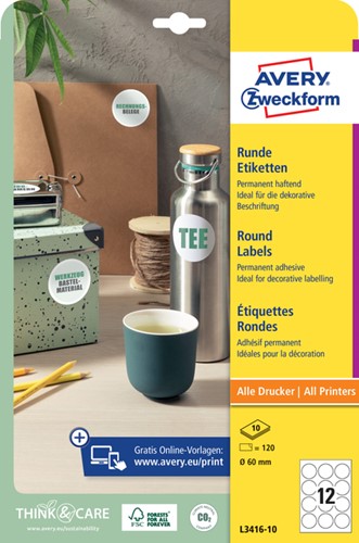 Etiket Avery L3416-10 rond 60mm wit 120 stuks