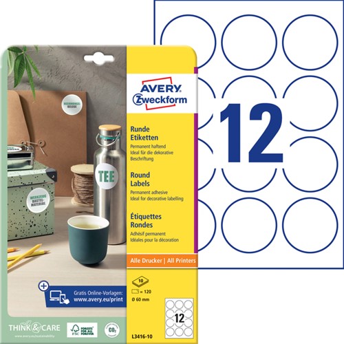 Etiket Avery L3416-10 rond 60mm wit 120 stuks-2