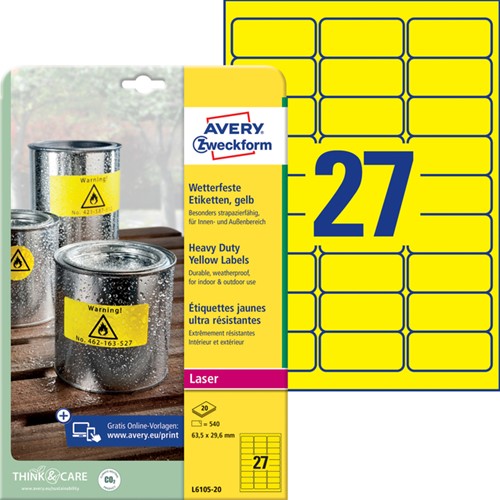 Etiket Avery L6105-20 63.5x29.6mm geel 540stuks 20 Vel-2