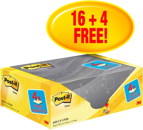 Memoblok 3M Post-it 655 76x127mm geel 16+4 gratis 20 Stuk
