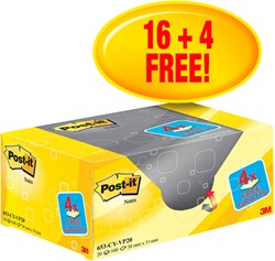 Memoblok 3M Post-it 653 38x51mm geel 16 + 4 gratis 20 Stuk