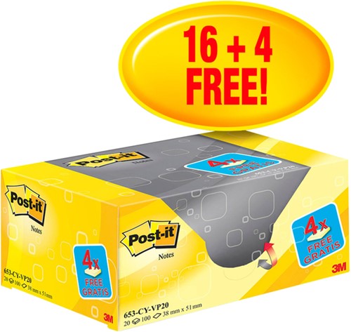 Memoblok 3M Post-it 653 38x51mm geel 16 + 4 gratis 20 Stuk
