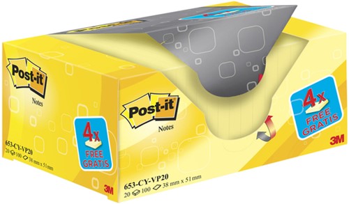 Memoblok 3M Post-it 653 38x51mm geel 16 + 4 gratis 20 Stuk-2