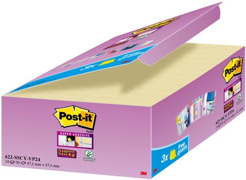 Memoblok 3M Post-it 622 SS 47.6x47.6mm geel 21+3 24 Stuk