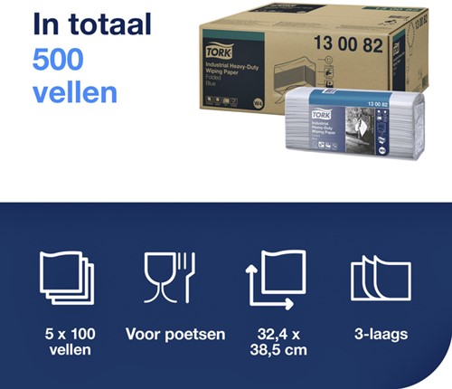 Reinigingsdoek Tork W4 Premium Industrial Heavy-Duty gevouwen 3-laags 5x100 vel blauw 130082-3