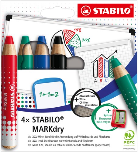 Whiteboardpotlood STABILO MARKdry 648/4 + slijper-microvezel ass 4st