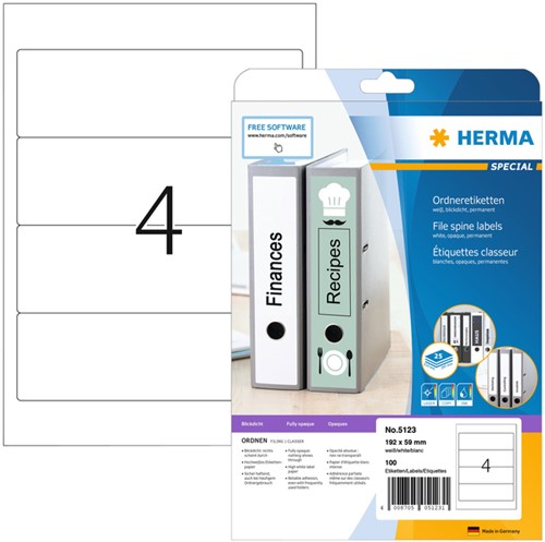 Rugetiket HERMA 5123 192x59mm wit 100 etiketten 25 Vel