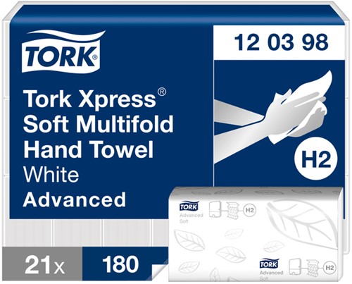 Handdoek Tork H2 Advanced 2laags 212x255mm wit 21 Stuk