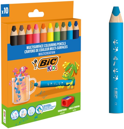 Kleurpotloden BicKids Multi Surface + puntenslijper assorti 10 stuks-1