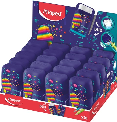 Puntenslijper Maped Pixel Party Connect 2-gaats met gum display à 20 stuks