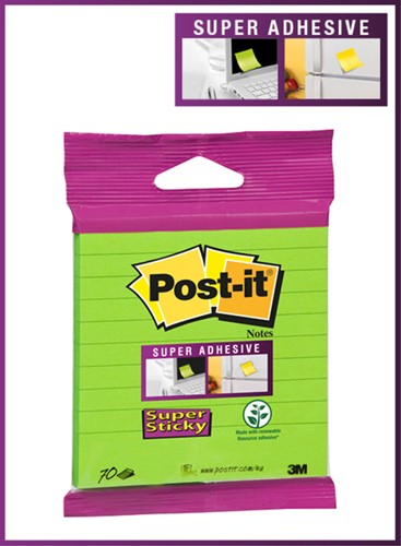 Memoblok 3M Post-it XL-LL Super Sticky 101mmx101mm groen met lijn 70 vel