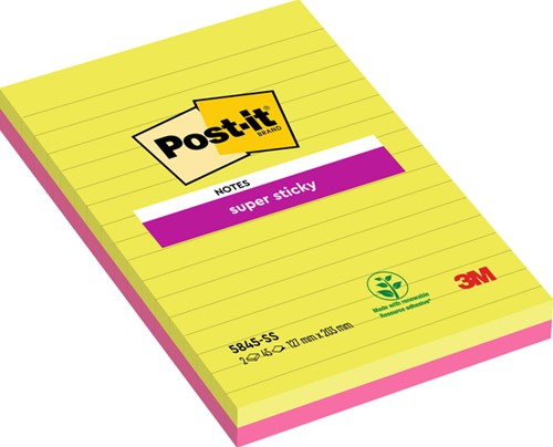 Memoblok 3M Post-it 5845 Super Sticky 127x203mm lijn assorti kleur 90 vel