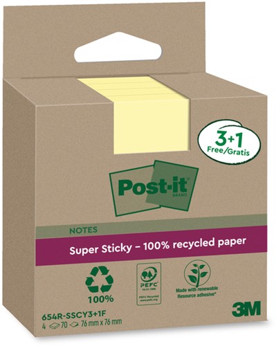 Memoblok 3M Post-it 654 RSSCOL 76x76mm geel 3+1 4 Stuk