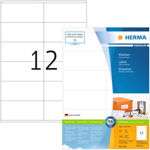 Etiket HERMA 4635 105x48mm premium wit 2400 stuks