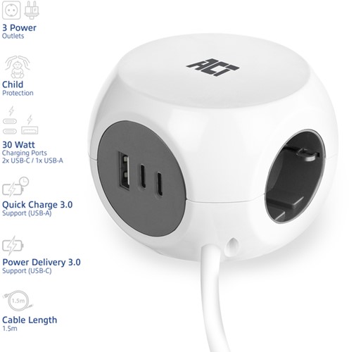 Stekkerblok ACT 3 voudig  inclusief 2x USB C/A 1.5 meter wit/grijs-13