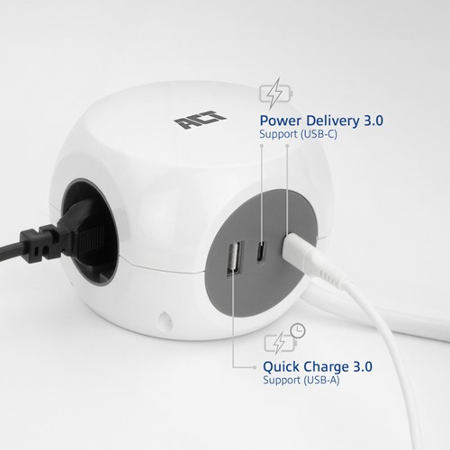 Stekkerblok ACT 3 voudig  inclusief 2x USB C/A 1.5 meter wit/grijs-14