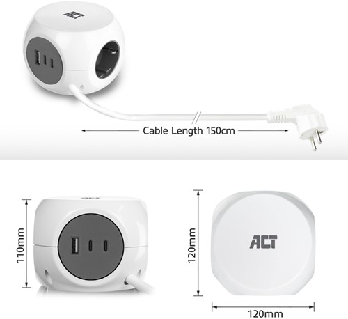 Stekkerblok ACT 3 voudig  inclusief 2x USB C/A 1.5 meter wit/grijs-9