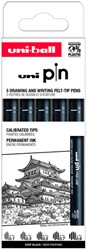 Fineliner Uni-ball Pin ASP008 set à 5 breedtes zw 5 Stuk