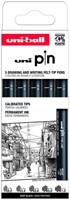 Fineliner Uni-ball Pin ASP009 set à 5 breedtes zw 5 Stuk