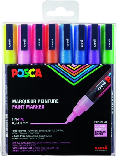 Paintmarker Uni POSCA PC3M F 8st glitter pastel 8 Stuk