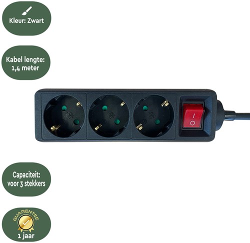 Stekkerdoos BRASQ  3 voudig 1.4 meter zwart 1 Stuk-3