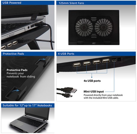 Laptopstandaard ACT 2 standen met ventilator 4-p hub-3