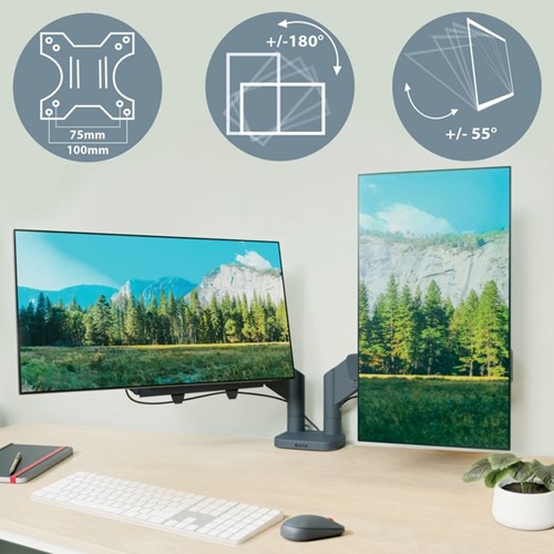 Monitorarm Leitz Ergo ruimtebesparend dubbel donkergrijs-2