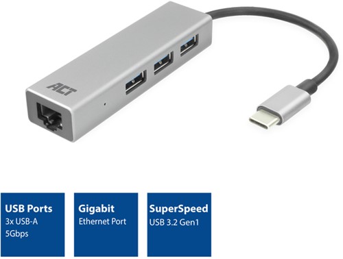 USB-C hub 3.0 3x USB-A Gigabit ethernet 1 Stuk-2