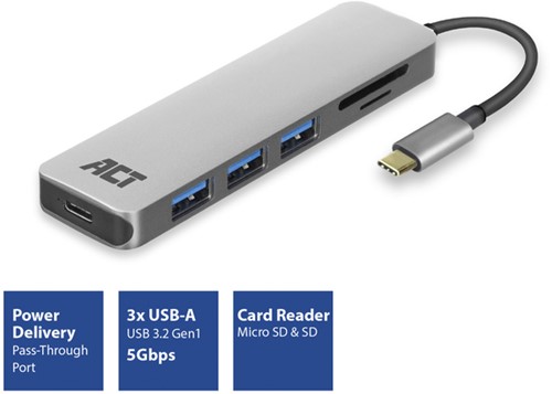 USB-C hub 3.0 3x USB-A cardreader PD 1 Stuk-2