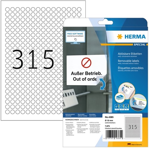 Etiket HERMA 4385 rond 10mm wit 7875st 25 Vel
