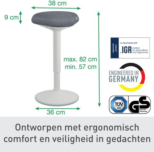 Actieve zit-sta kruk Leitz Ergo met gasveer 57-82 cm grijs-3