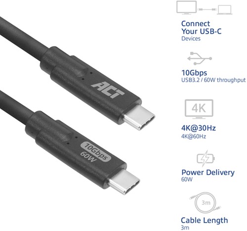 Kabel ACT USB-C 3.0 10Gbps 60W USB 3 meter 1 Stuk-2