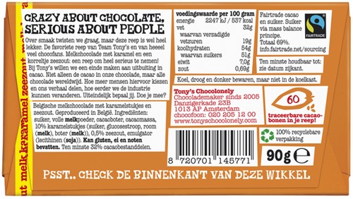 Chocolade Tony Chocolonely melk karamel zee 90gr 90 Gram-3