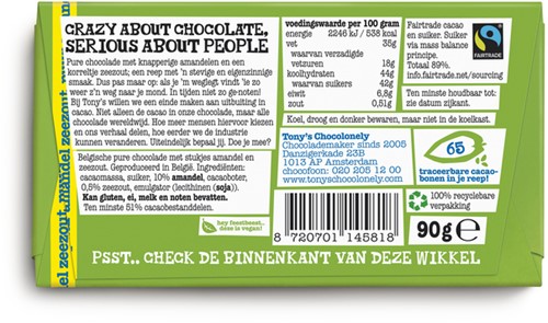 Chocolade Tony Chocolonely puur amandel zee 90gr 90 Gram-1